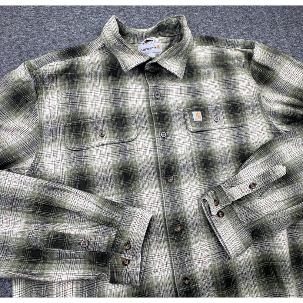 Carhartt Shirt Heavyweight Flannel‎ Long Sleeve Plaid Shirt Mens Sz L Tall Green